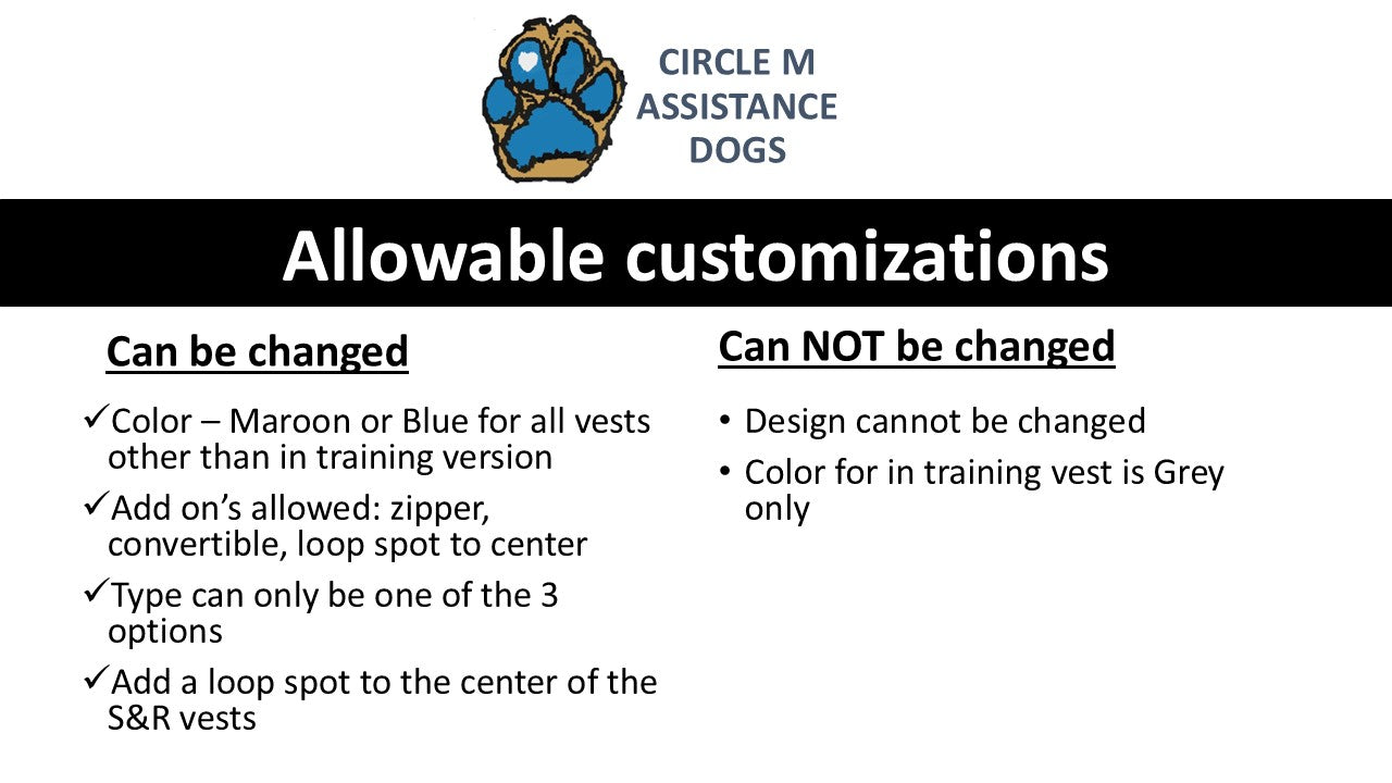 Program Vest - Circle M Assistance Dogs, Butterfly or S&R - clients can purchase