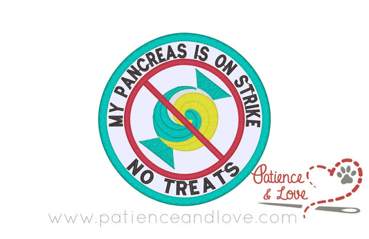 My Pancreas is on strike, no treats with no candy symbol in center, 3 inch round patch