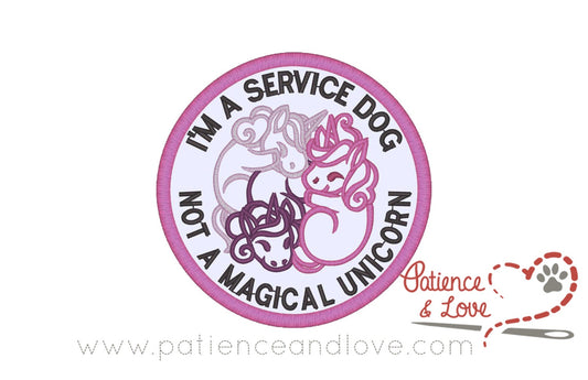 Hi, I'm a service dog not a magical unicorn, with 3 cute unicorns in the center, 3-inch round patch