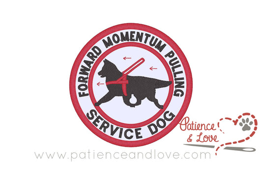 Forward Momentum Pulling Service dog, with dog in mobility gear in center, Select your breed, 3 inch round patch