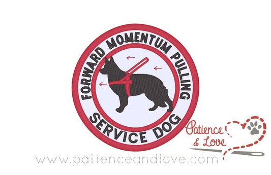 Forward Momentum Pulling Service dog, with German Shepherd in mobility gear in center, Select your breed, 3 inch round patch