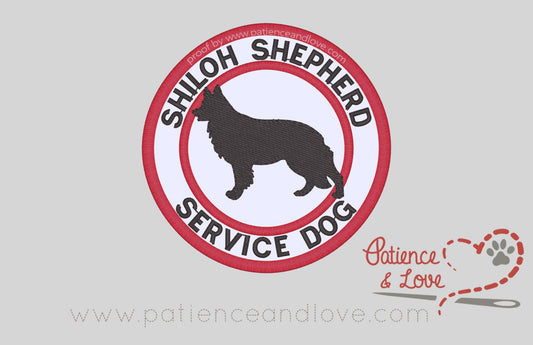 One sew on patch embroidered with the following:  "SHILOH SHEPHERD" around the top and bottom.  "SERVICE DOG" with a dog silhouette in the center. The breed and silhouette can be specified in the order.   As seen in the listing photo. The listing photo shows white fabric, Red (1637) edge and black text.