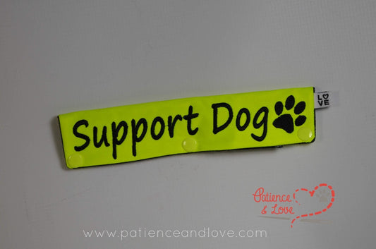 Support Dog with paw print, script font, Leash Sleeve